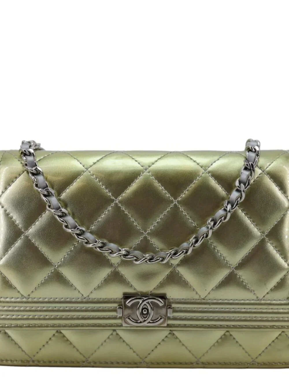 Chanel  Boy Quilted Metallic Leather Wallet On Chain Green